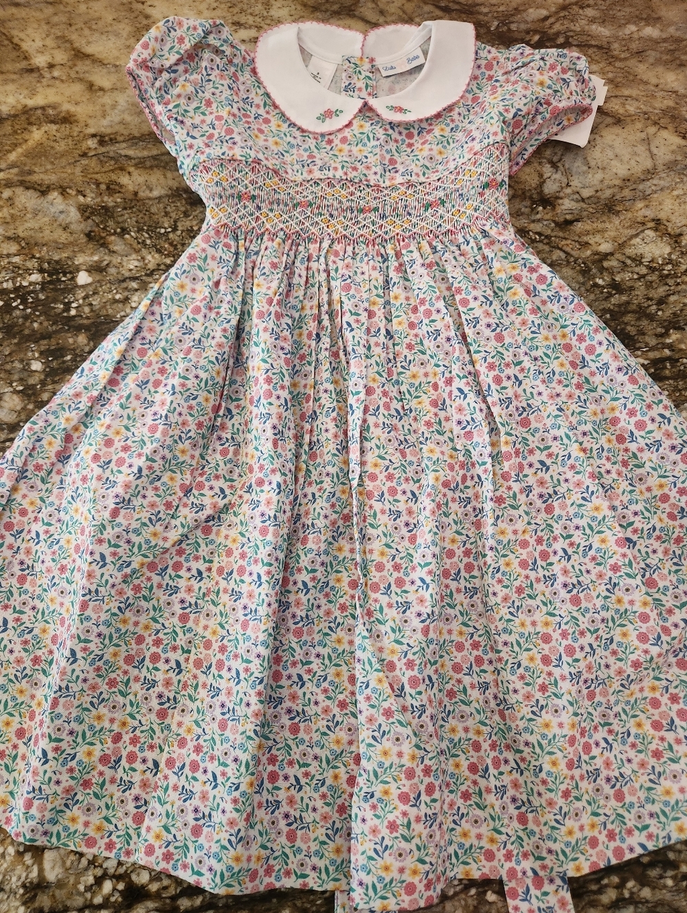 Floral Smocked Peter Pan Collar Dress for Girls — Pink Multi